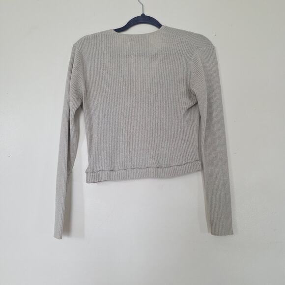 Vintage Express Cropped Ribbed Cardigan Women XS Button Up Gray Cream Preppy Y2K - Picture 5 of 9